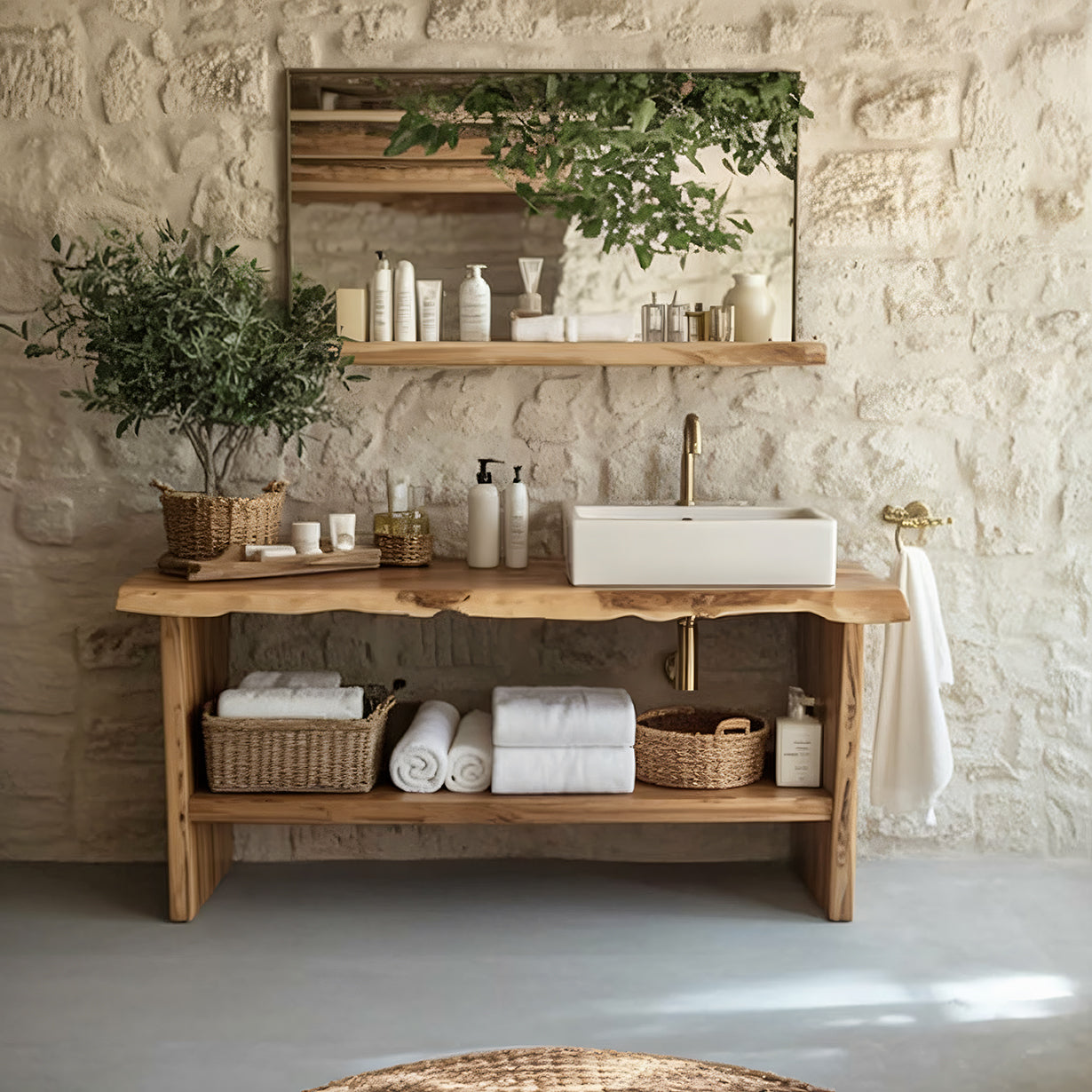Rustic Solid Wood Bathroom Vanity with Live-Edge Countertop