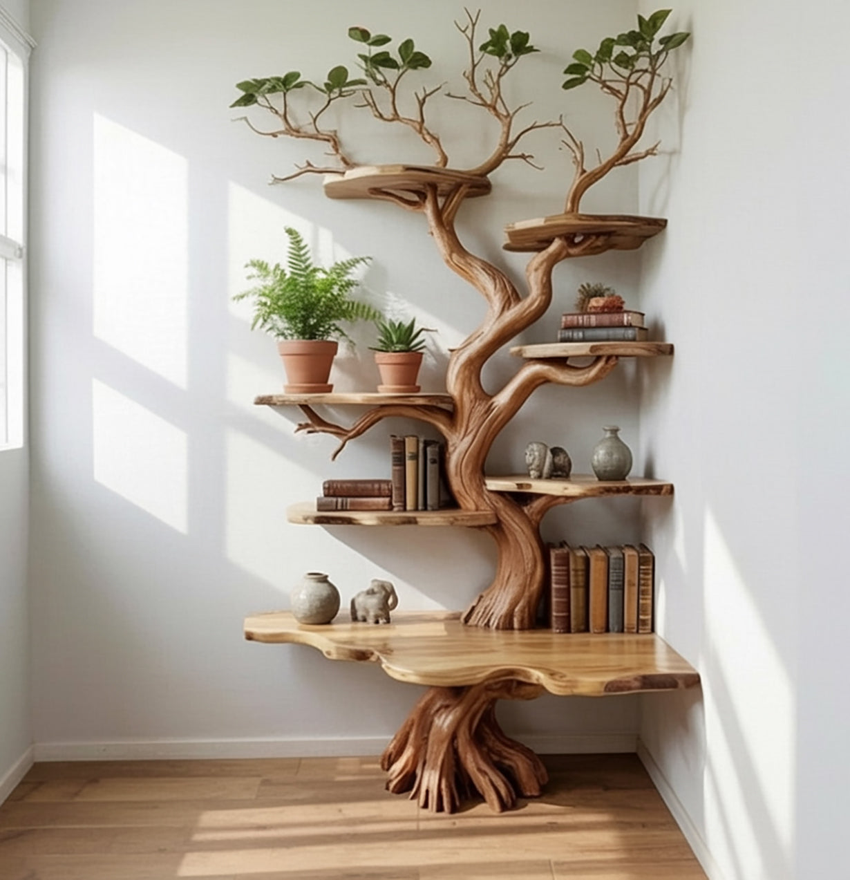 Tree Branch Corner Bookshelf – Solid Wood Wall Decor Art