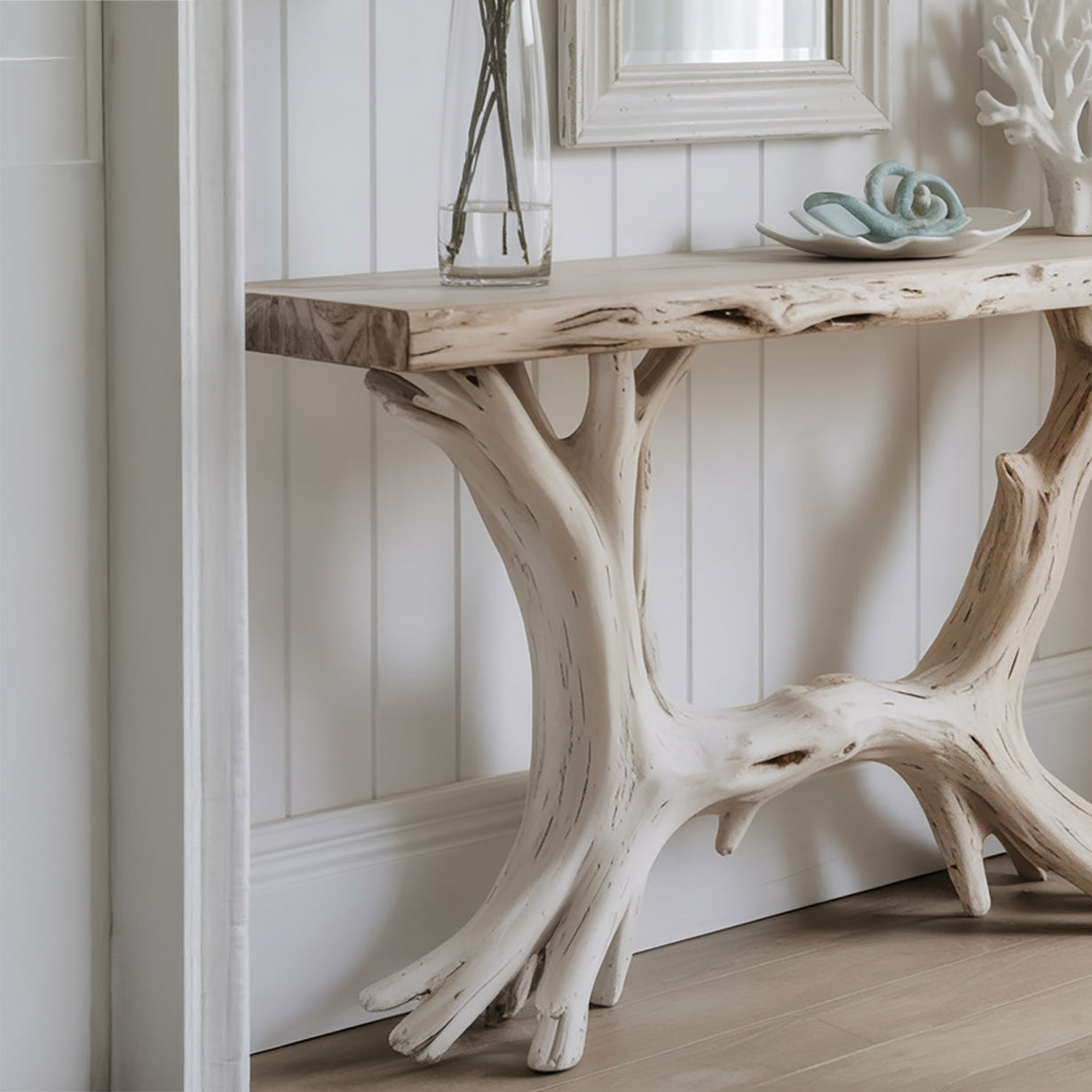 Artisanal Live Edge Console Table with Sculptural Wood Base