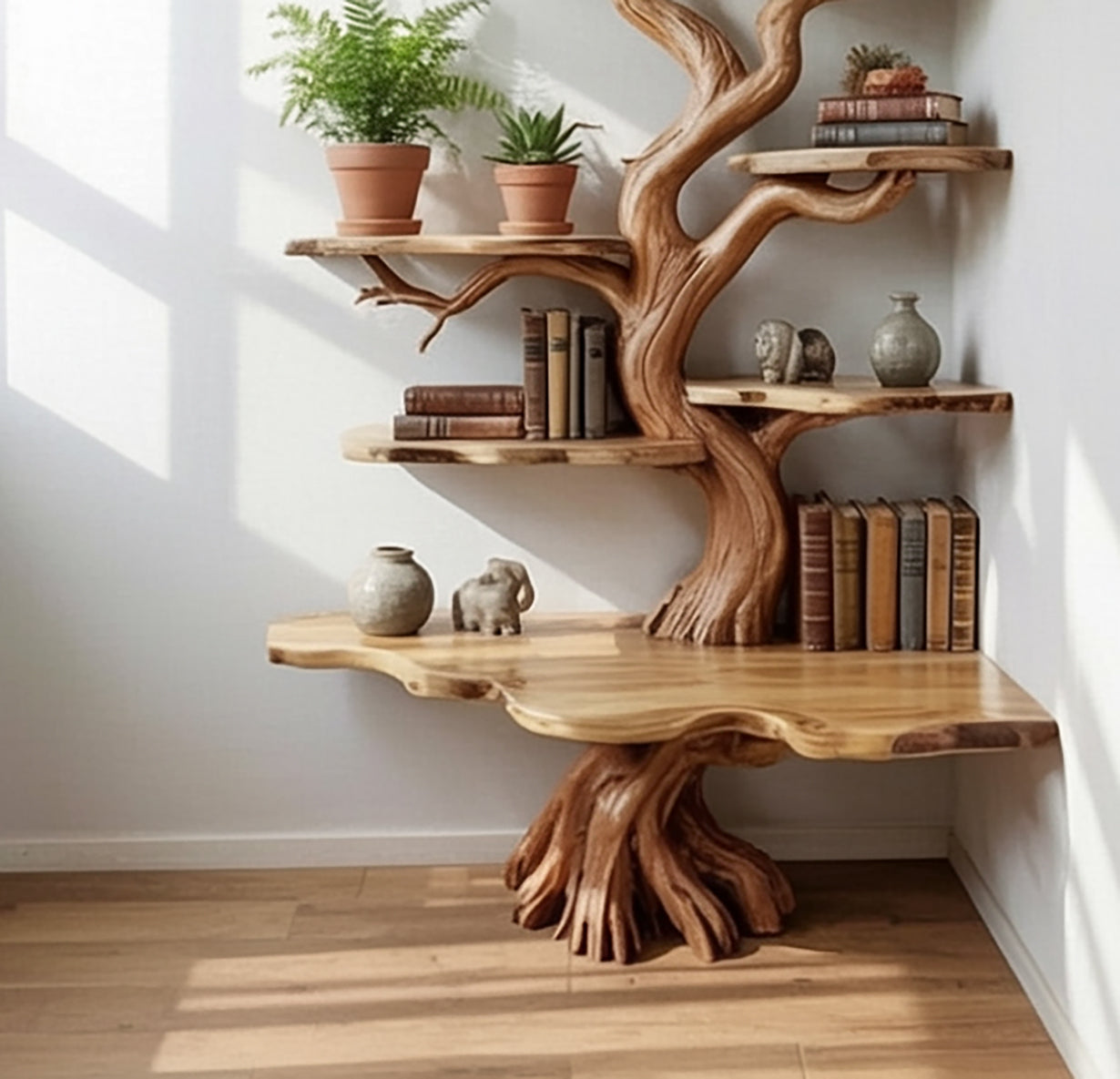 Tree Branch Corner Bookshelf – Solid Wood Wall Decor Art
