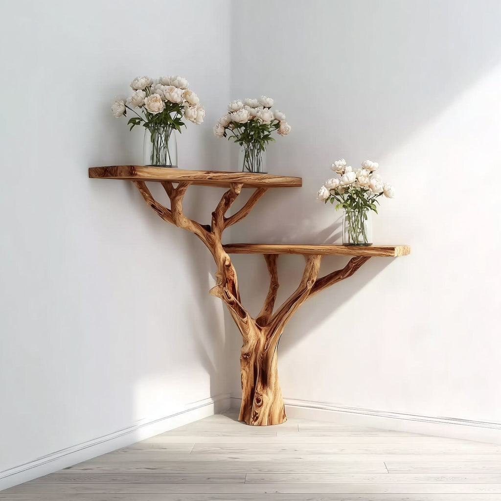 Corner Floating Console Table – Tree Branch Driftwood Entryway Stand