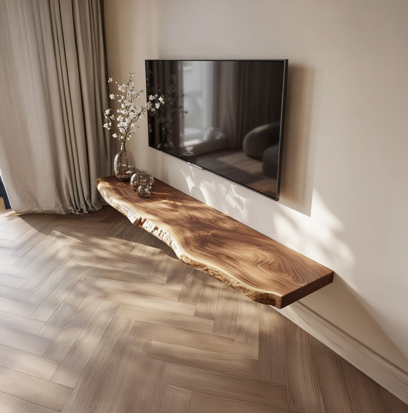 Live Edge Solid Wood Floating TV Stand – Handcrafted Rustic Wall-Mount Media Shelf