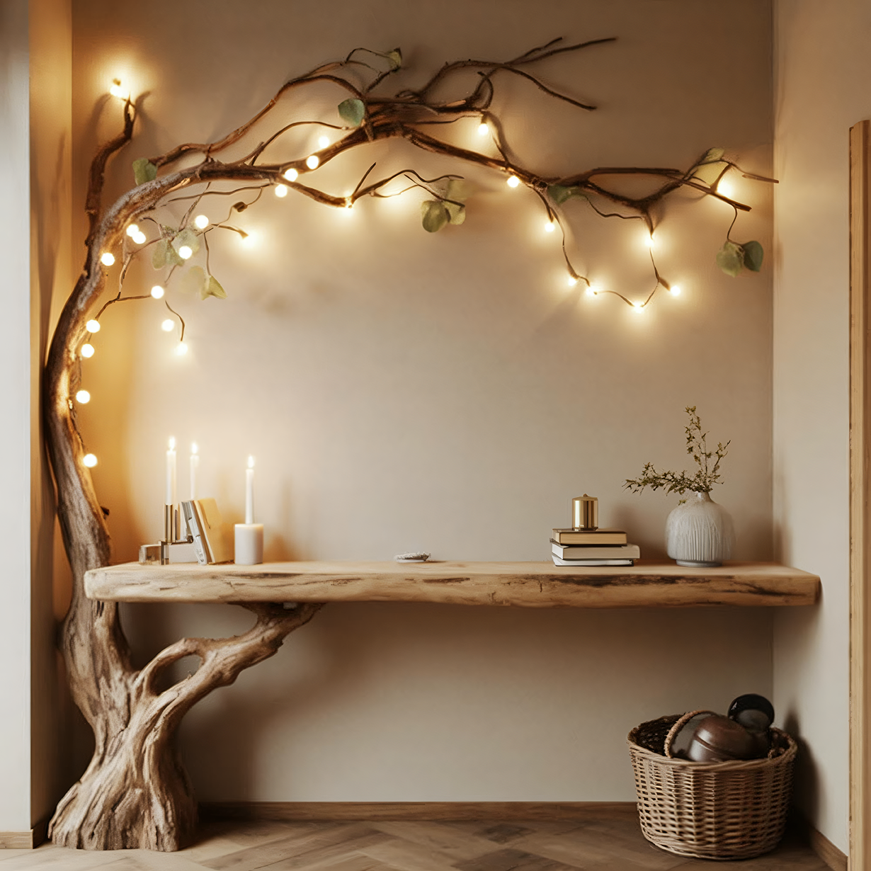 Live Edge Tree Branch Console Table with Ambient Lighting – Handcrafted Wood Entryway Table