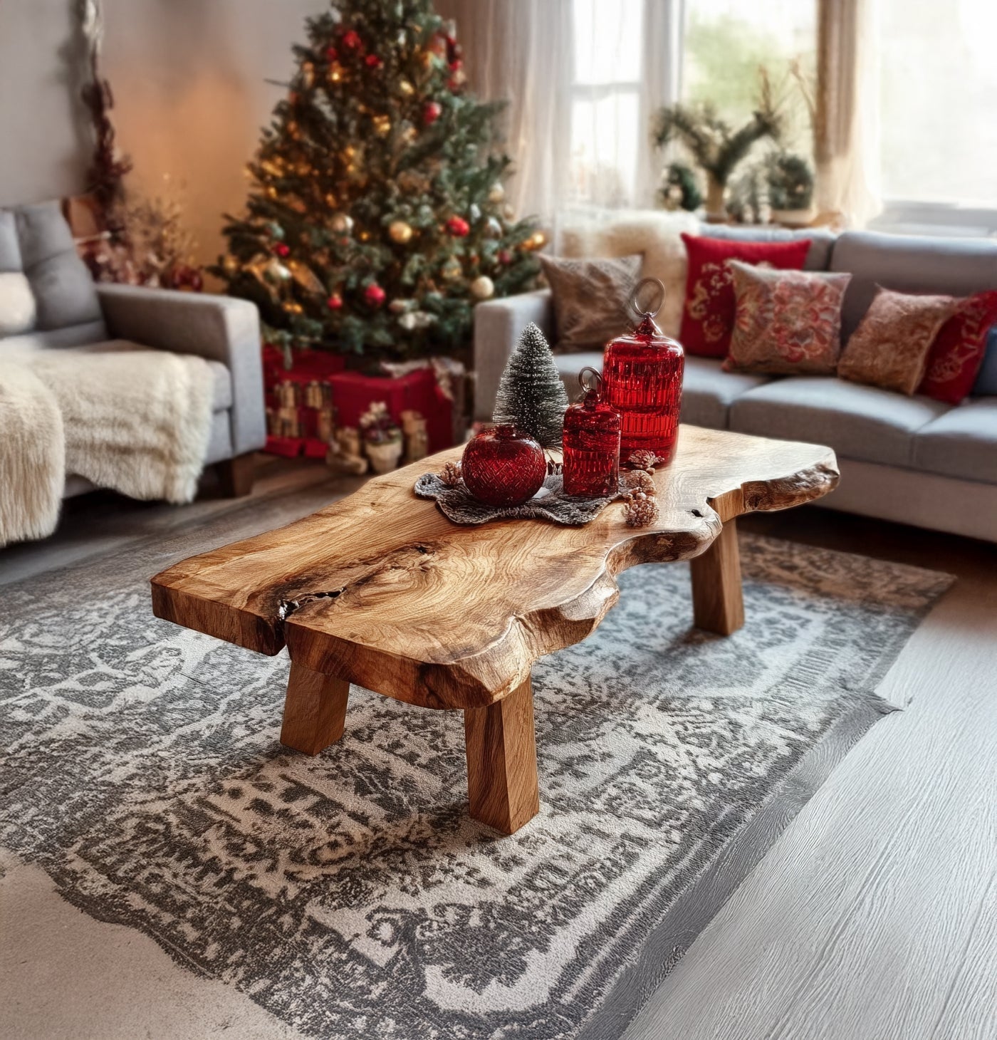 Live Edge Wooden Coffee Table – Rustic Handcrafted Solid Wood Mid Century Accent