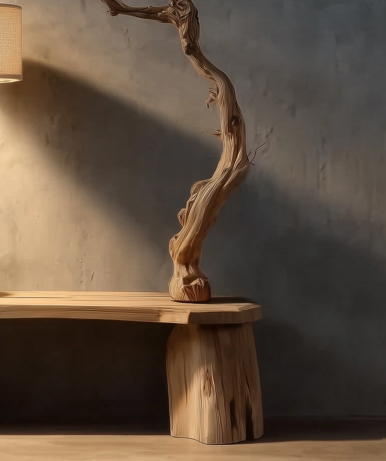 Rustic Driftwood Lamp – Handmade Tree Branch Floor Lighting with Fabric Shade, Unique Natural Wood Home