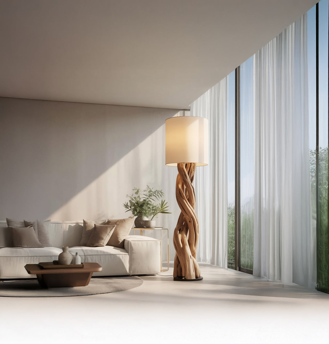 Modern Wooden Floor Lamp – Sculptural Twisted Design with Fabric Shade