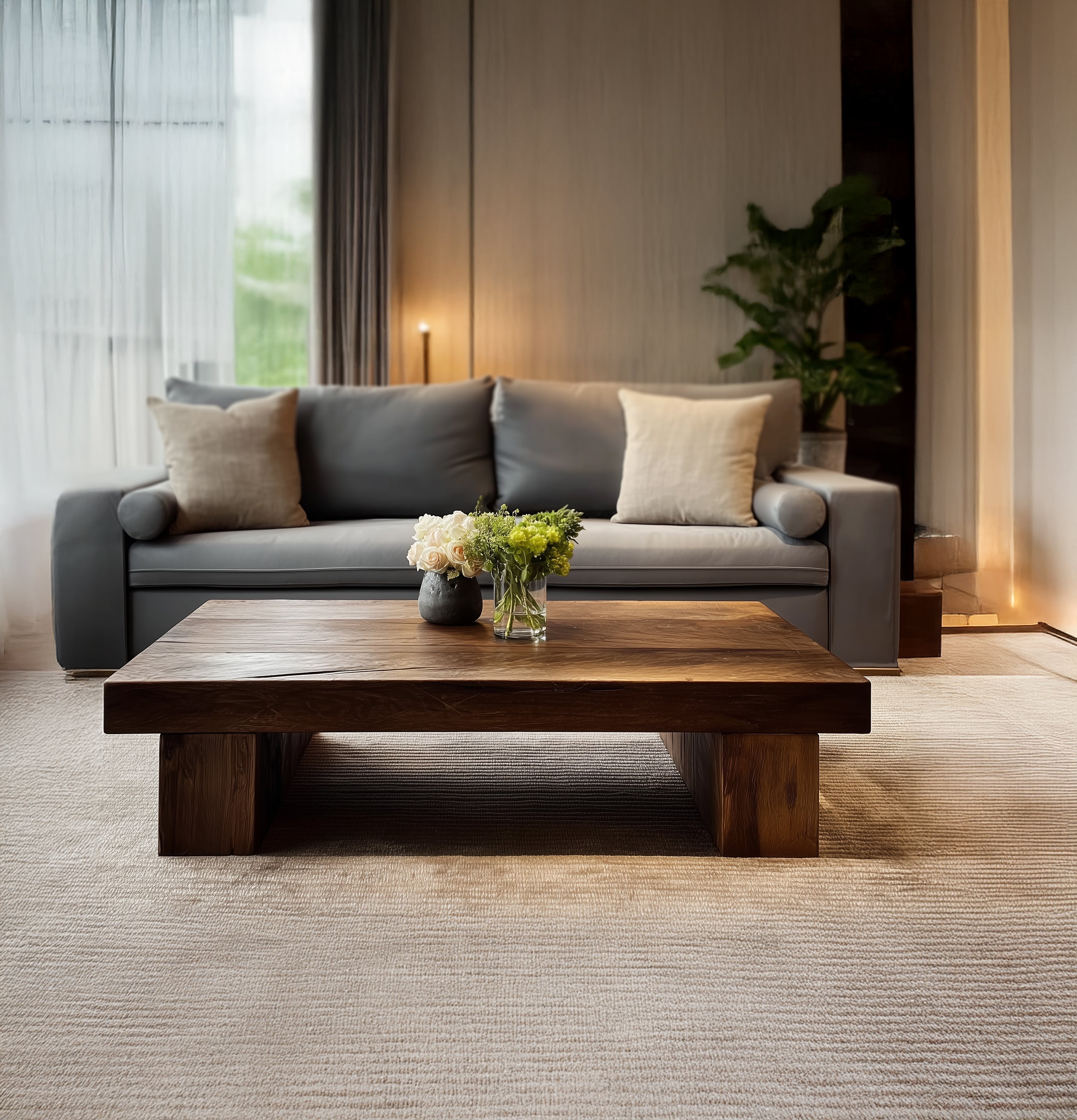 Rustic Handmade Wooden Coffee Table – Live Edge Solid Wood Trestle Farmhouse Rectangular End Table