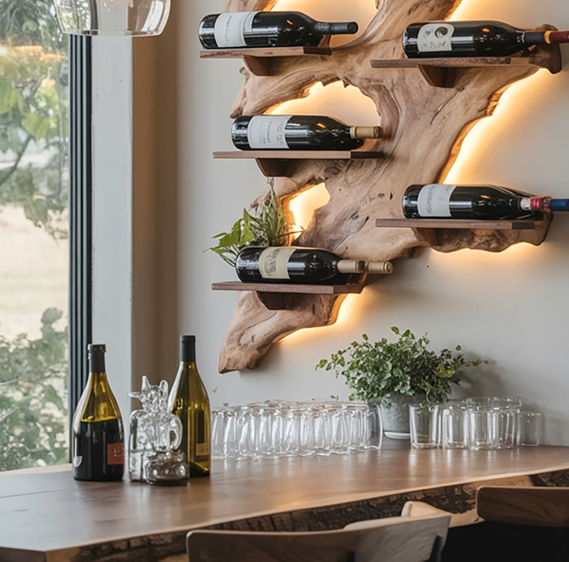Rustic Solid Wood Wine Bottle Holder – Mid Century Wine Rack for Modern Home Décor