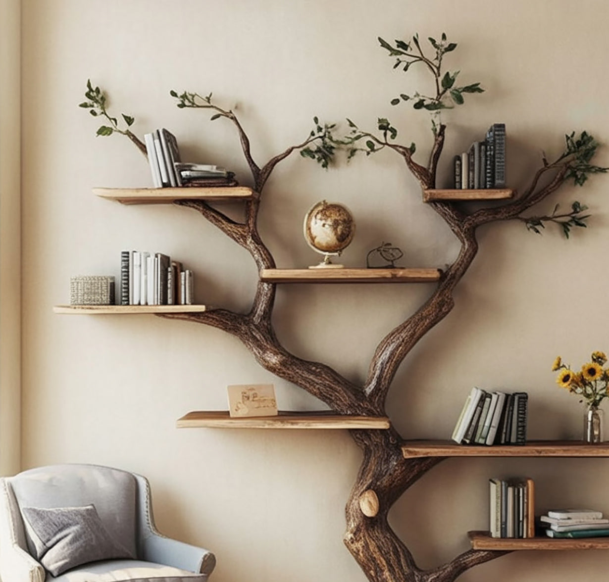 Rustic Tree Shaped Bookshelf – Nature Inspired Wooden Wall Bookcase