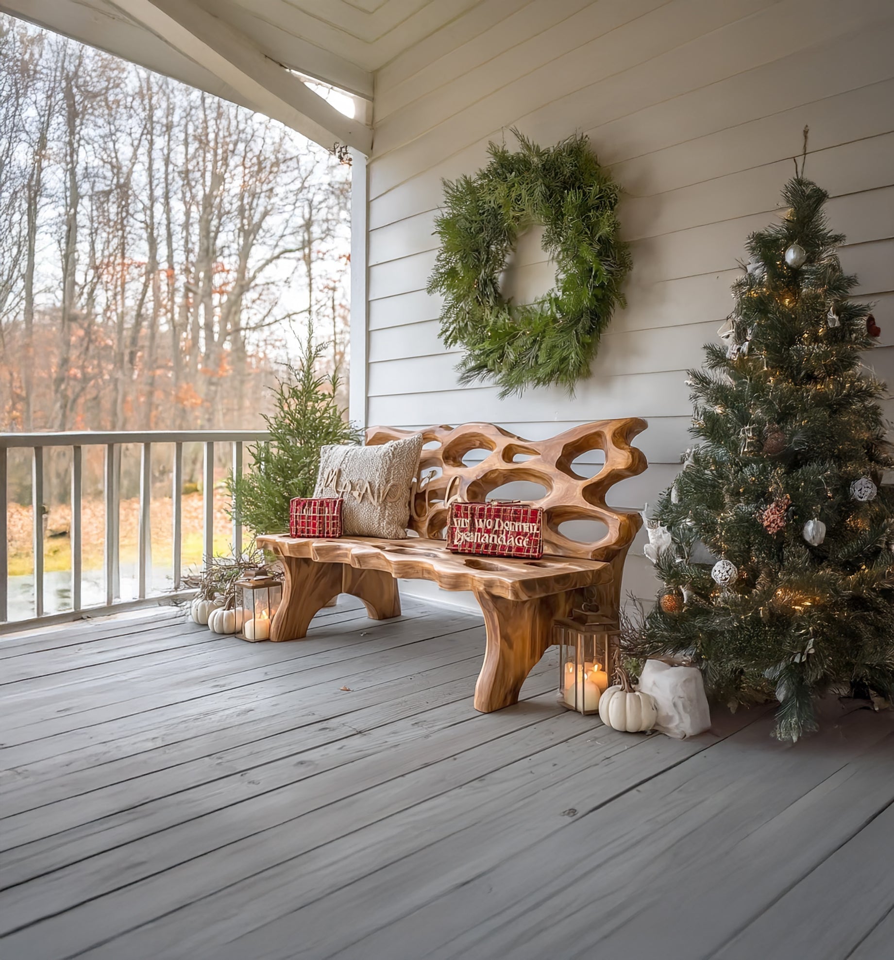 Rustic Farmhouse Wooden Porch Bench – Solid Wood Entryway & Outdoor Seating