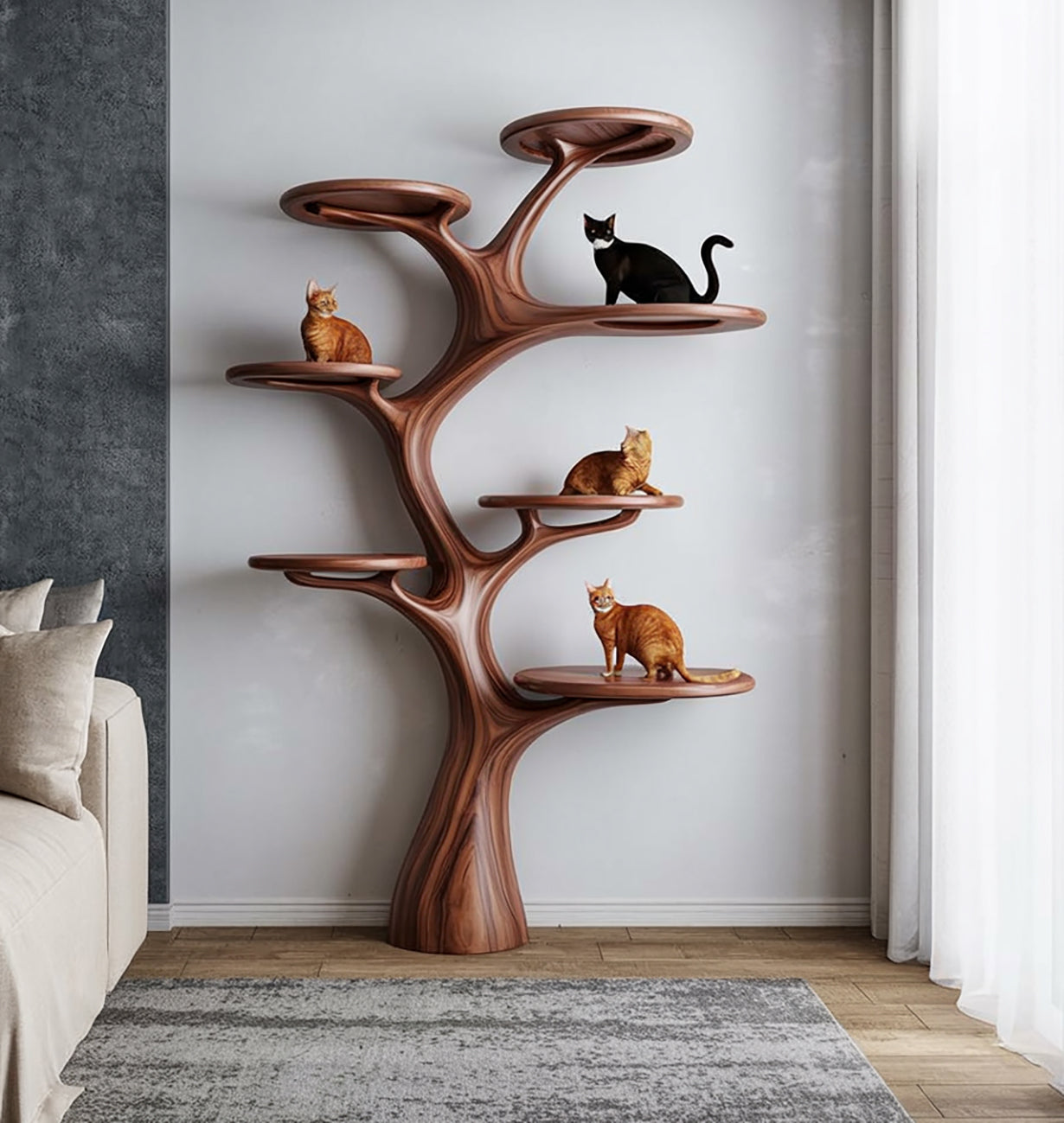 Artistic Branch Cat Tree & Bookshelf - Multi-Level Natural Wood Wall Sculpture