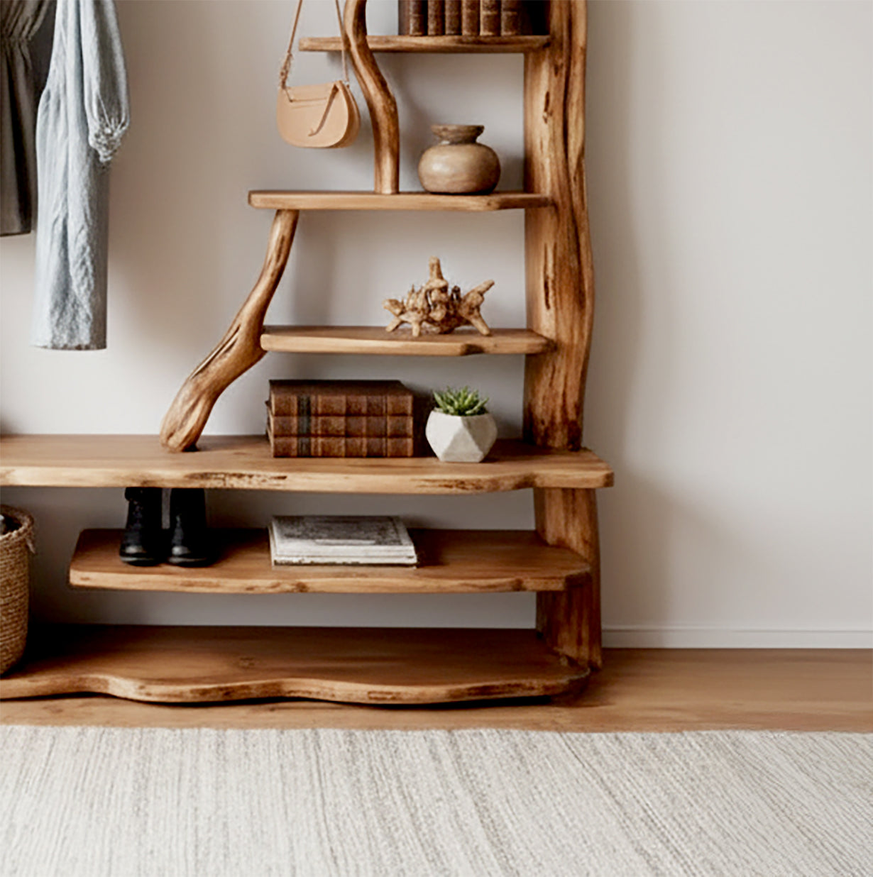 Tree Branch Coat Rack Wall Mount Driftwood Storage Shelf Coat Hook Shoe Storage Decoration