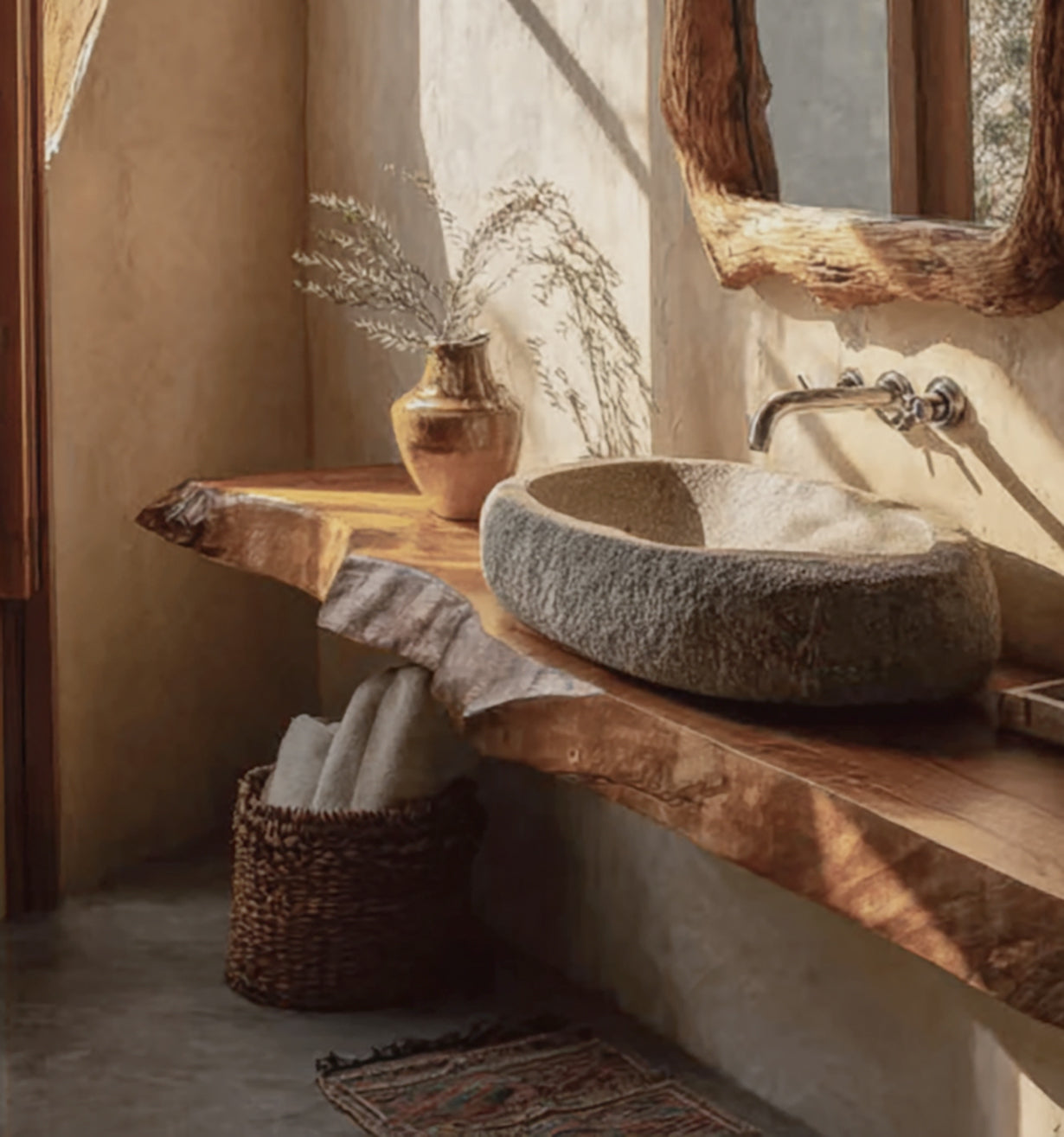 Rustic Solid Wood Live Edge Bathroom Vanity Countertop – Floating Washstand Shelf