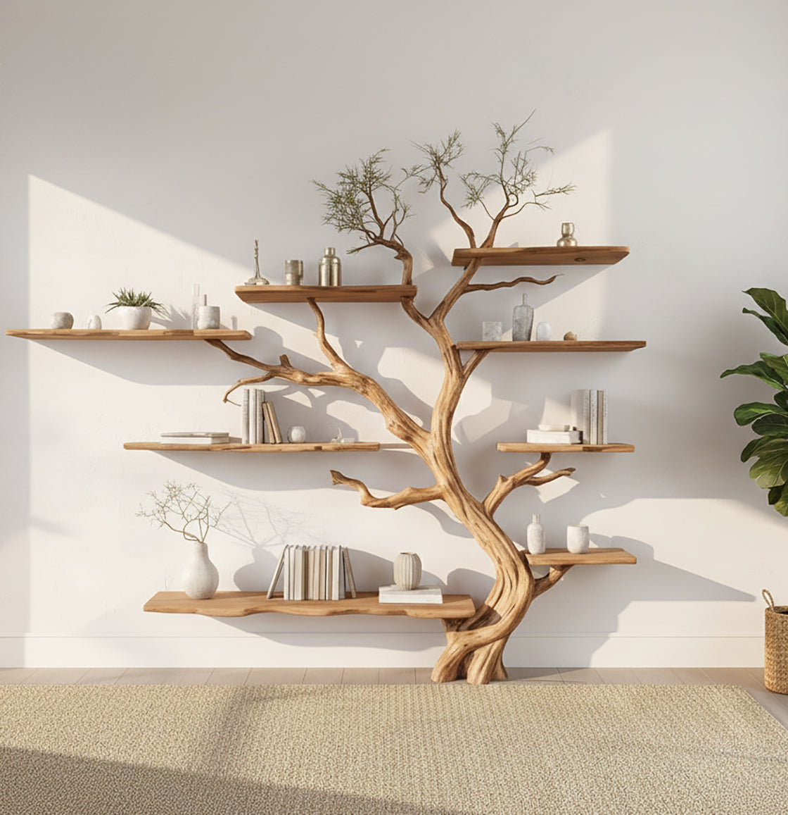 Creative tree-shaped wooden wall shelves with decorative vases, books, and plants in natural light