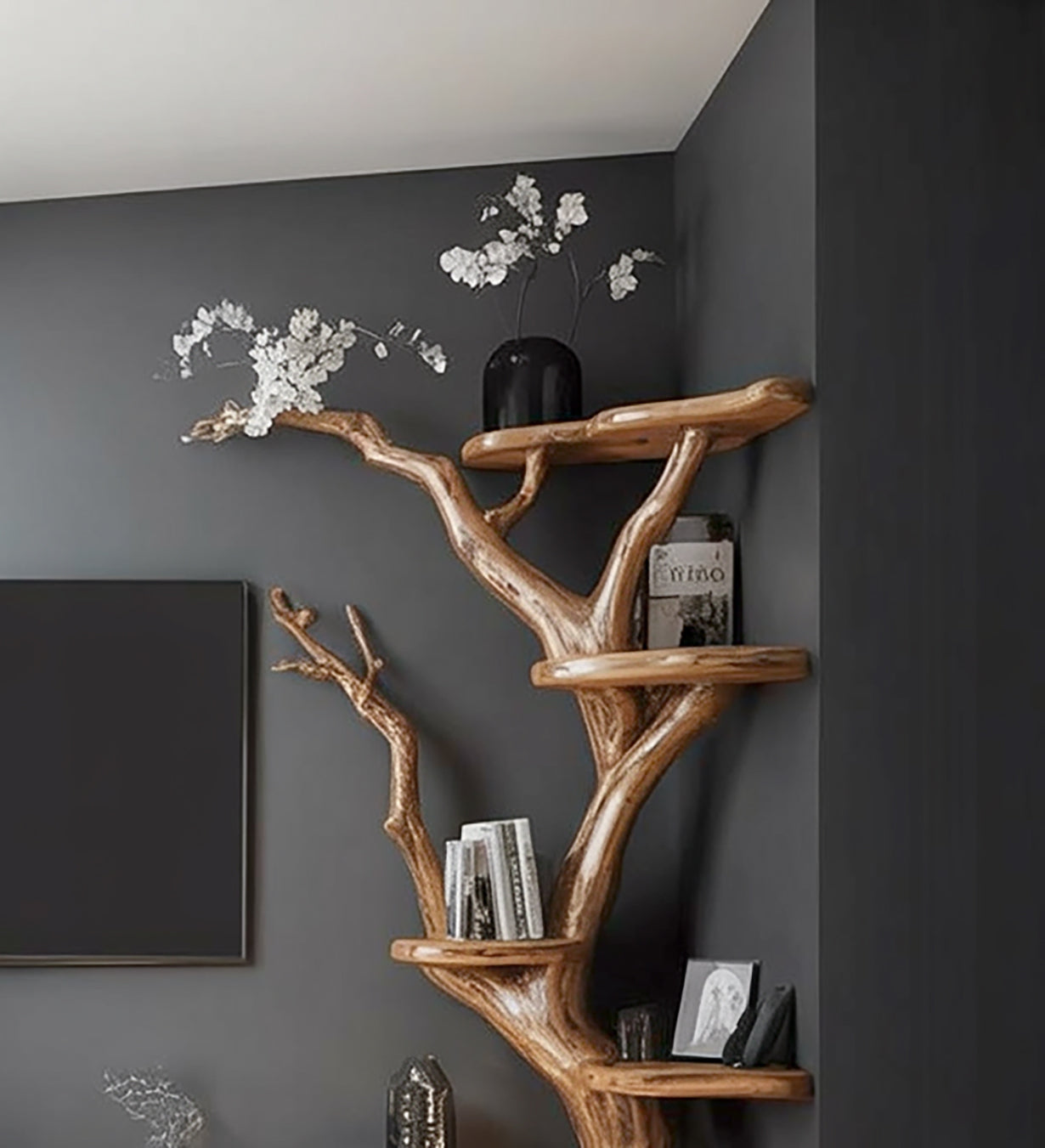 Rustic Tree Bookshelf Wood TV Stand Wall Book Shelf Handmade Furniture Living Room