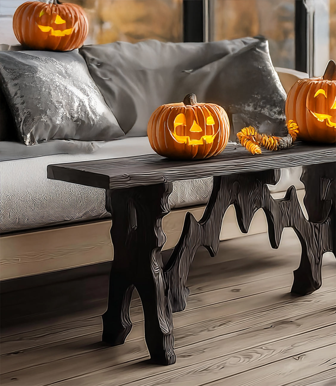Rustic Black Wooden Halloween Console Table – Gothic Entryway