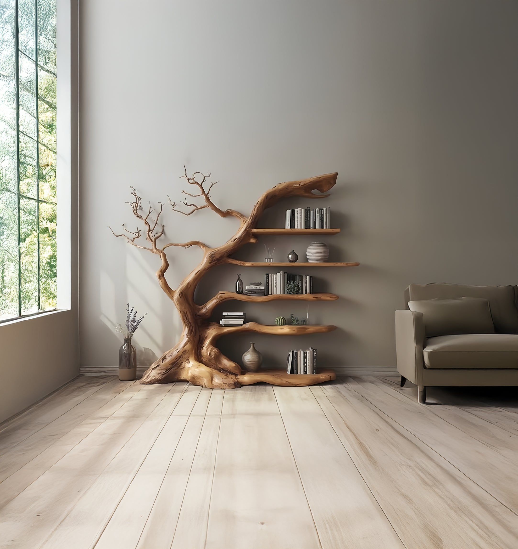 Driftwood Tree Branch Bookshelf – Wooden Wall Mount Shelf Home Decor