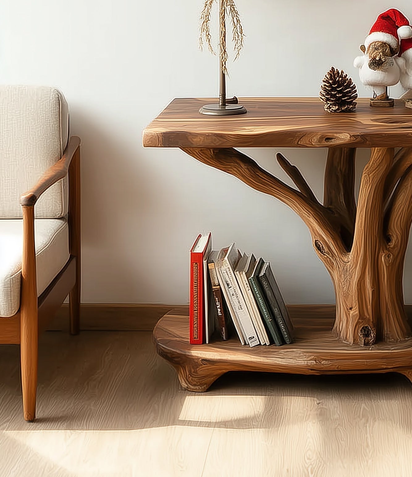 Rustic Solid Wood Side Table with Tree Branch Design – Handmade Natural End with Shelf Storage