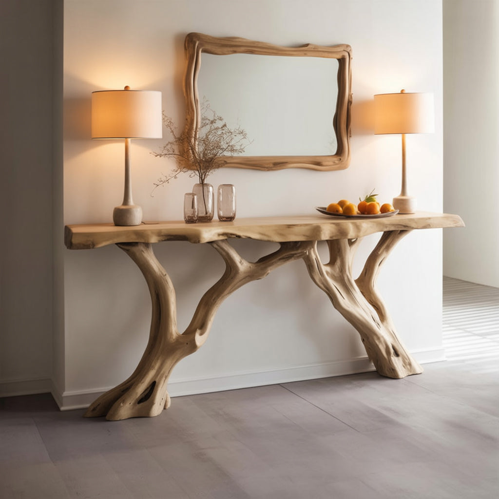 Live Edge Wood Console Table with Sculptural Tree Base – Rustic Farmho