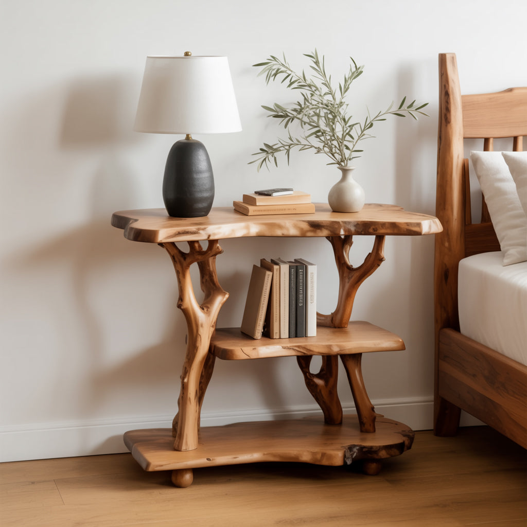 Solid Wood Tree Branch Nightstand – Rustic Free Standing Shelf