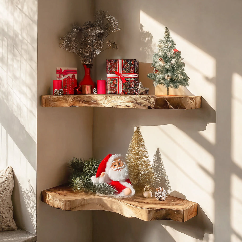 Handmade Christmas Floating Shelf – Live Edge Wooden Bookshelf & Décor Gift