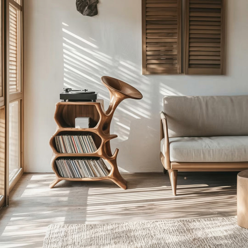 Organic Sculptural Solid Wood Vinyl Record Storage Cabinet with Integrated Turntable Stand