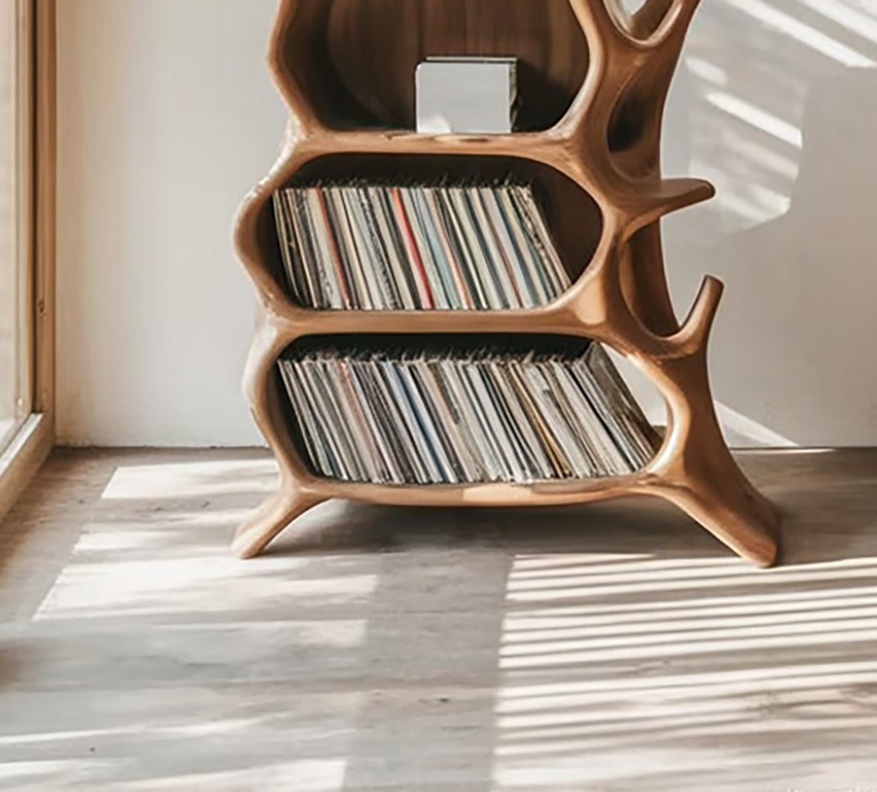 Organic Sculptural Solid Wood Vinyl Record Storage Cabinet with Integrated Turntable Stand