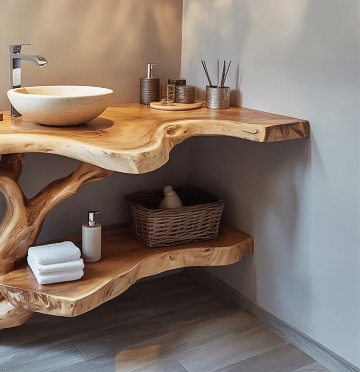 Handcrafted Live Edge Solid Wood Bathroom Vanity with Sculptural Tree Base
