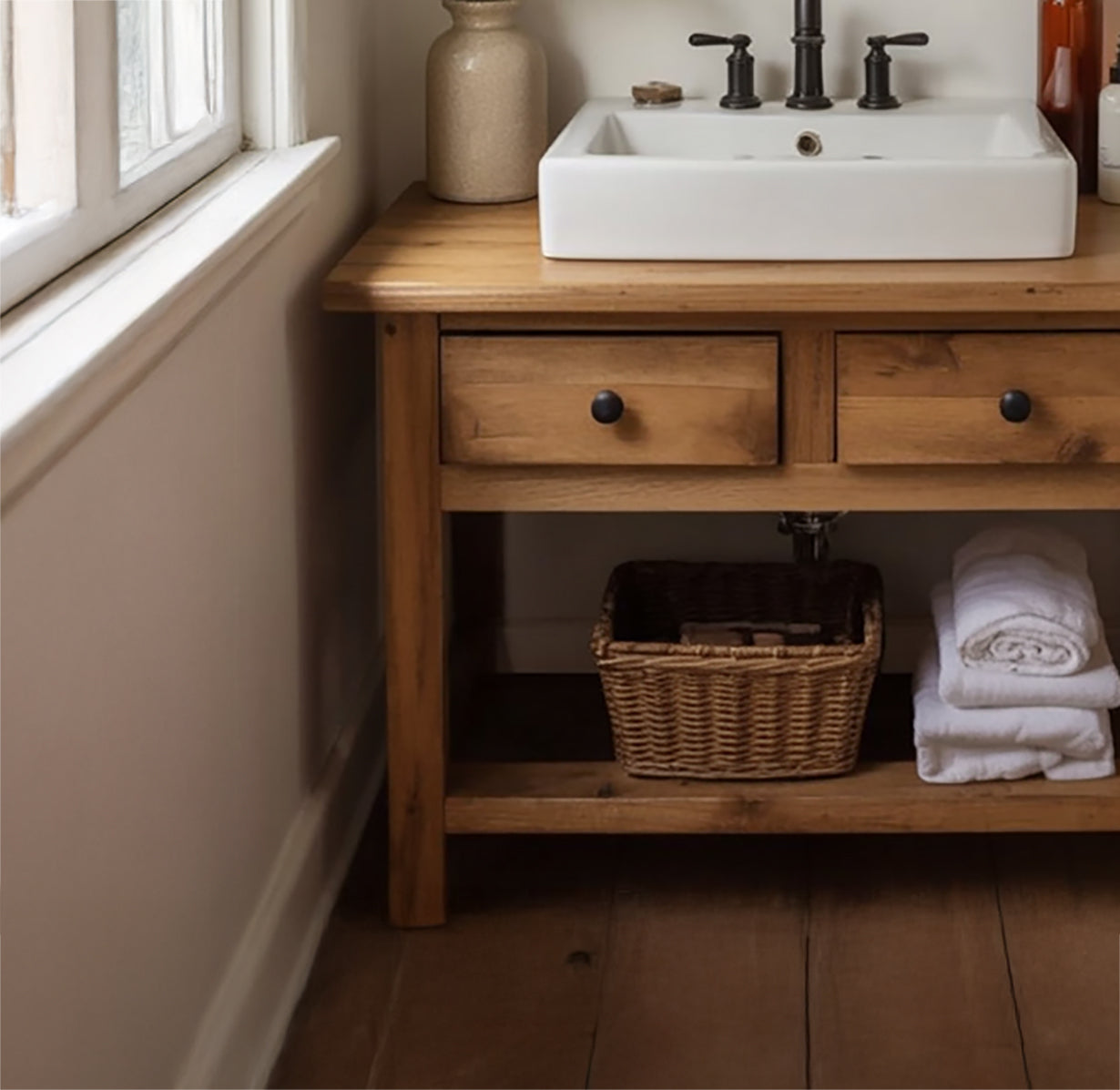 Rustic Solid Wood Bathroom Vanity with Storage Shelf & Drawers
