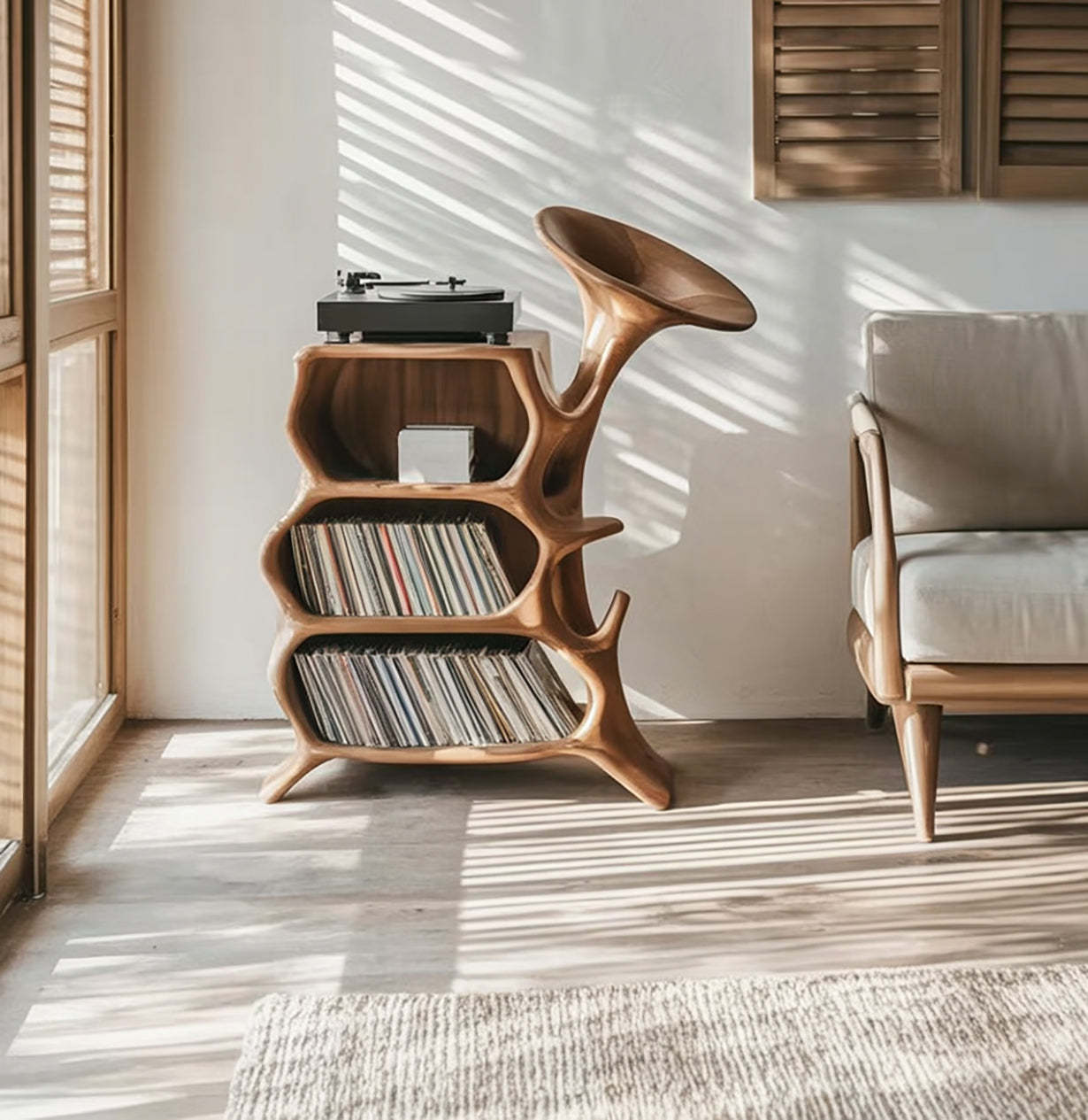 Organic Sculptural Solid Wood Vinyl Record Storage Cabinet with Integrated Turntable Stand