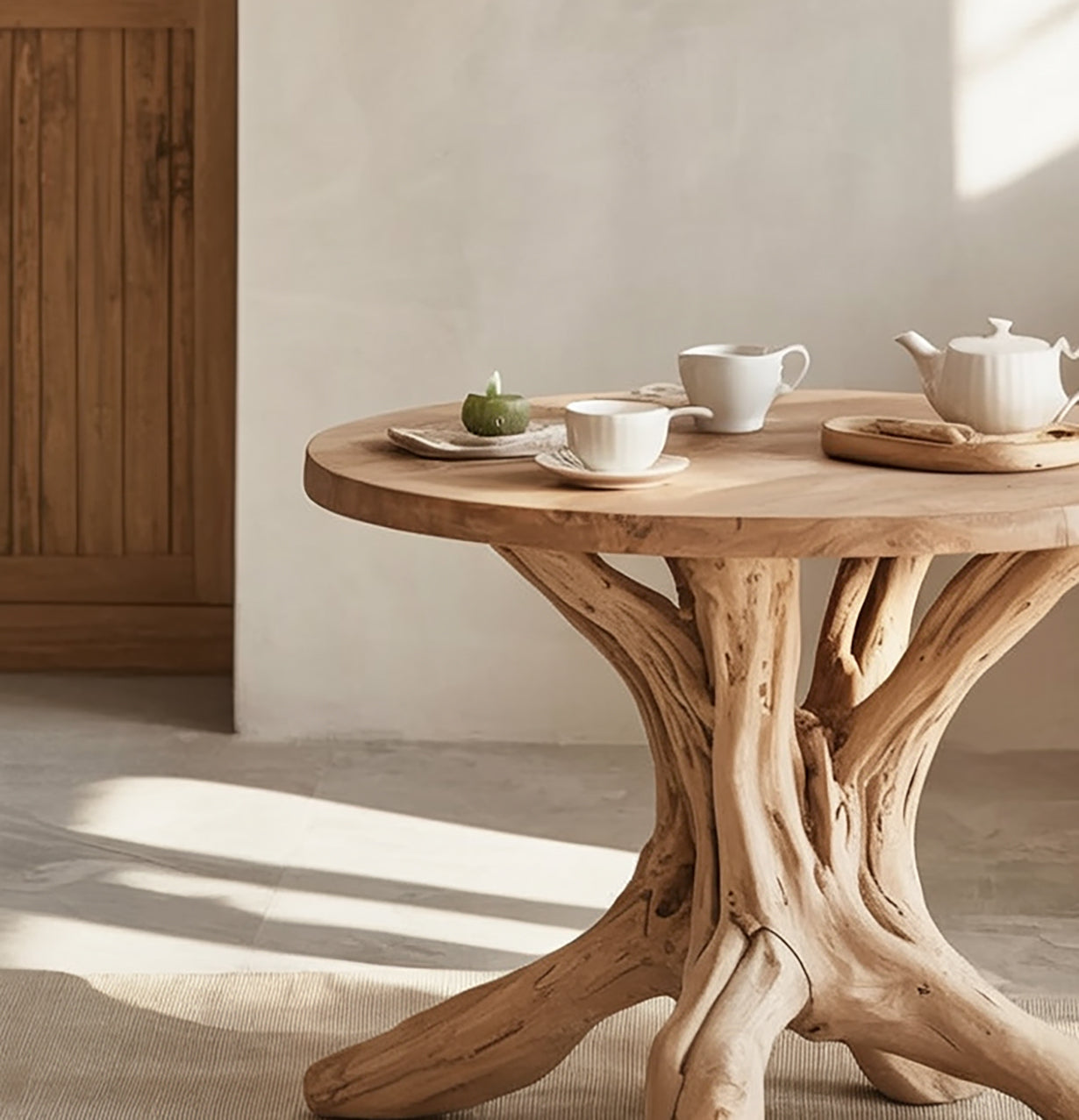 Handcrafted Solid Wood Round End Table – Sculptural Tree Root Base Living Room Table