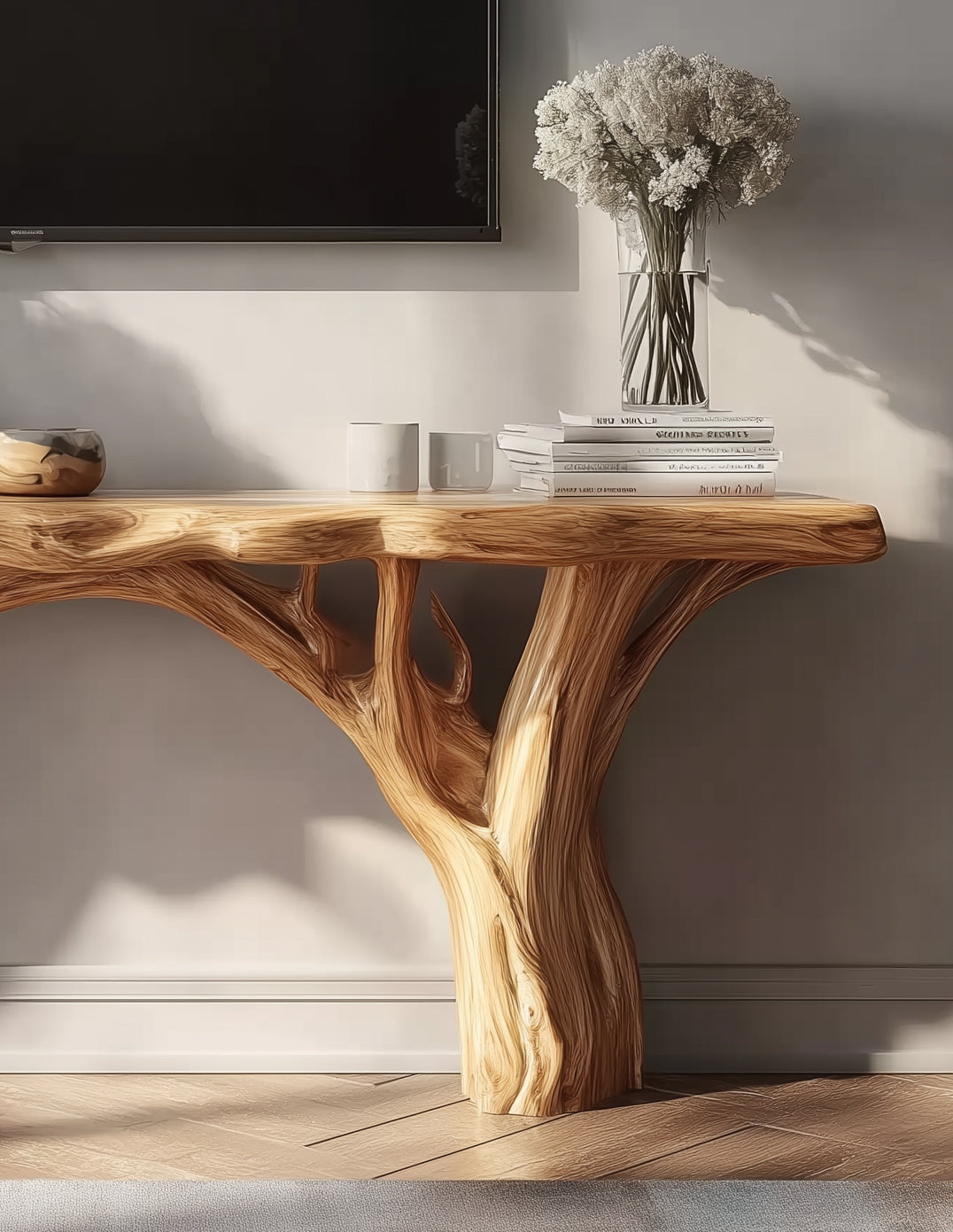 Custom Live Edge TV Stand – Solid Wood Tree Shelf Media Console, Rustic Handmade Cabinet & Bookshelf