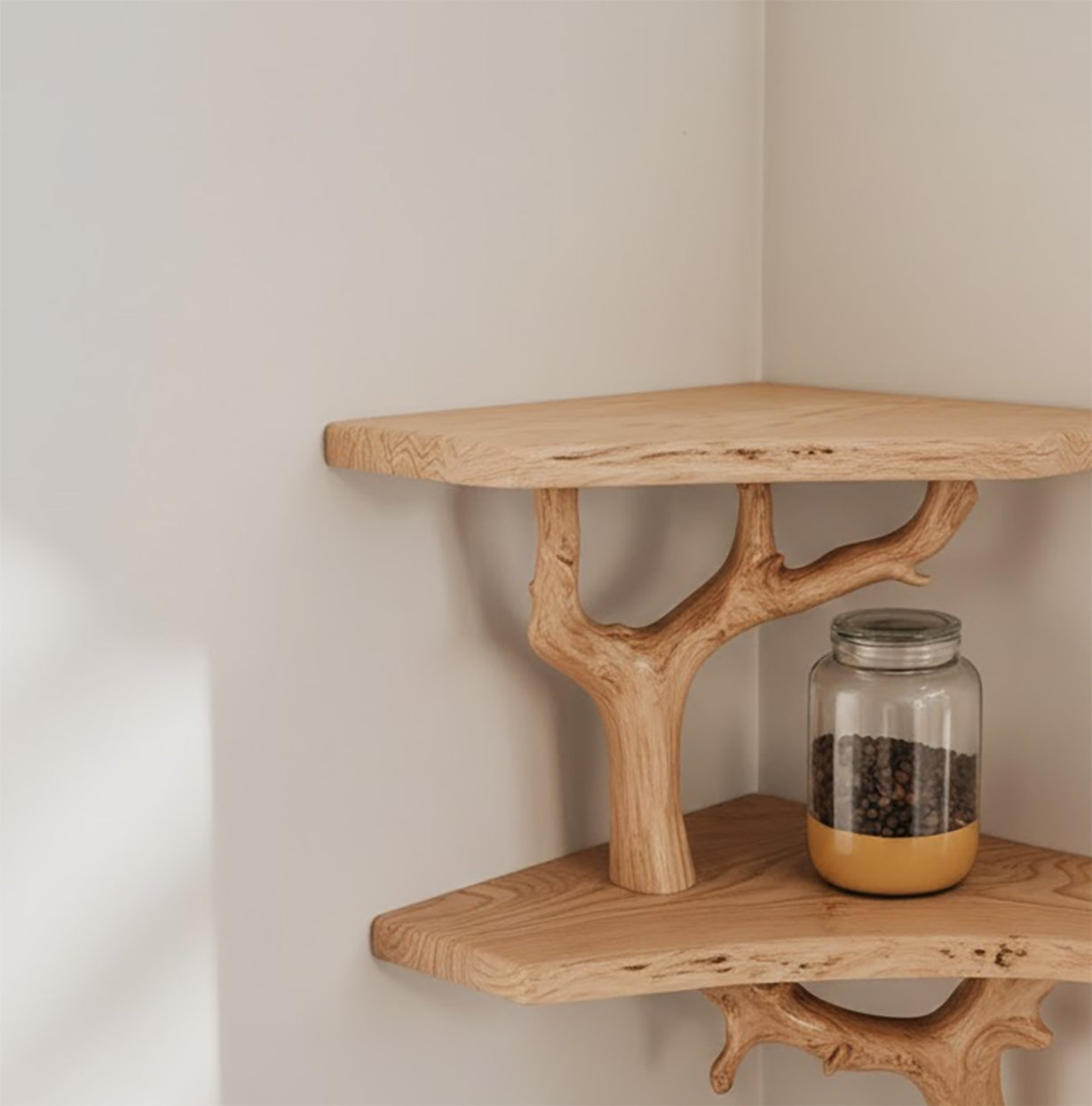 Driftwood Corner Wall Shelf – Solid Wood Tree Branch Bookshelf