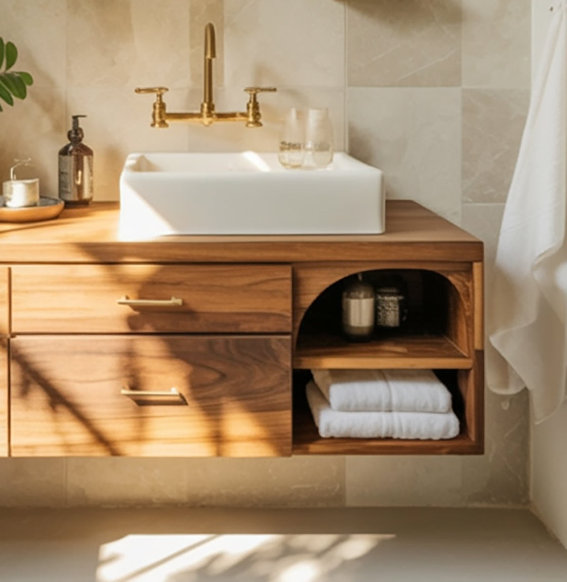 Floating Wooden Bathroom Vanity – Handmade Rustic Solid Wood Sink Cabinet