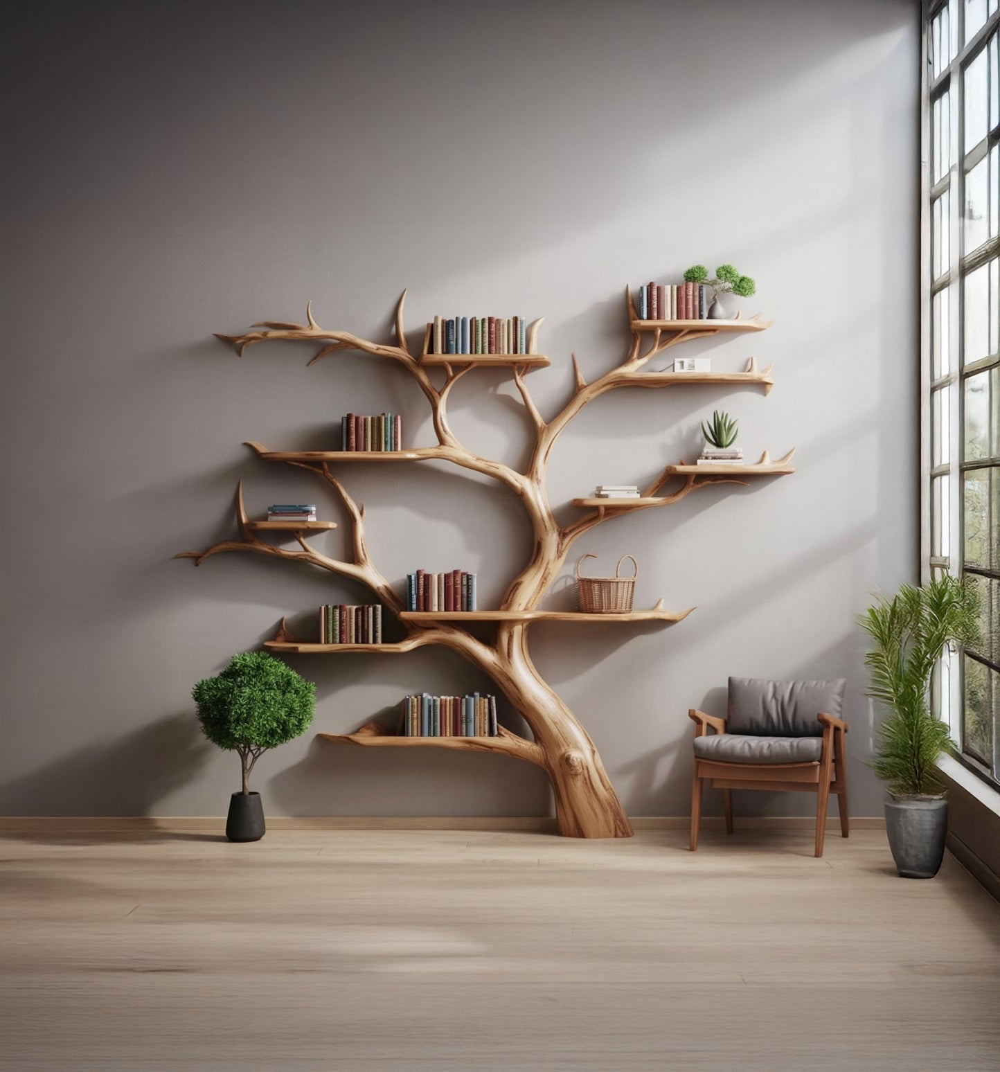 Handmade Tree Bookshelf – Wooden Tree Bookcase, Rustic Wall Shelf for Home Decor