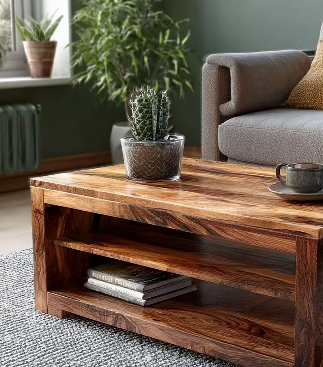 Handcrafted Solid Wood Coffee Table with Open Storage, Modern Rustic Living Room Table