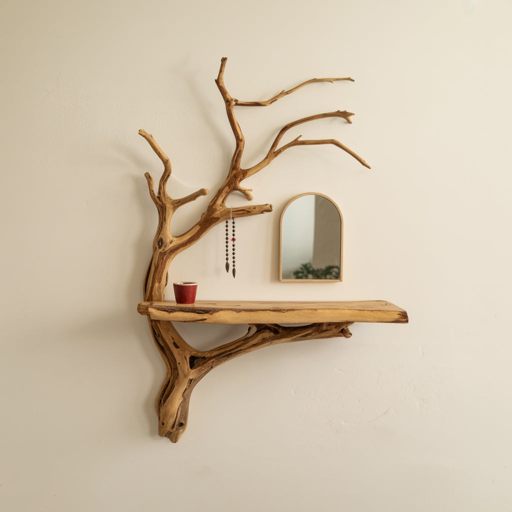 Driftwood Tree Jewelry Shelf – Handmade Floating Wood Organizer