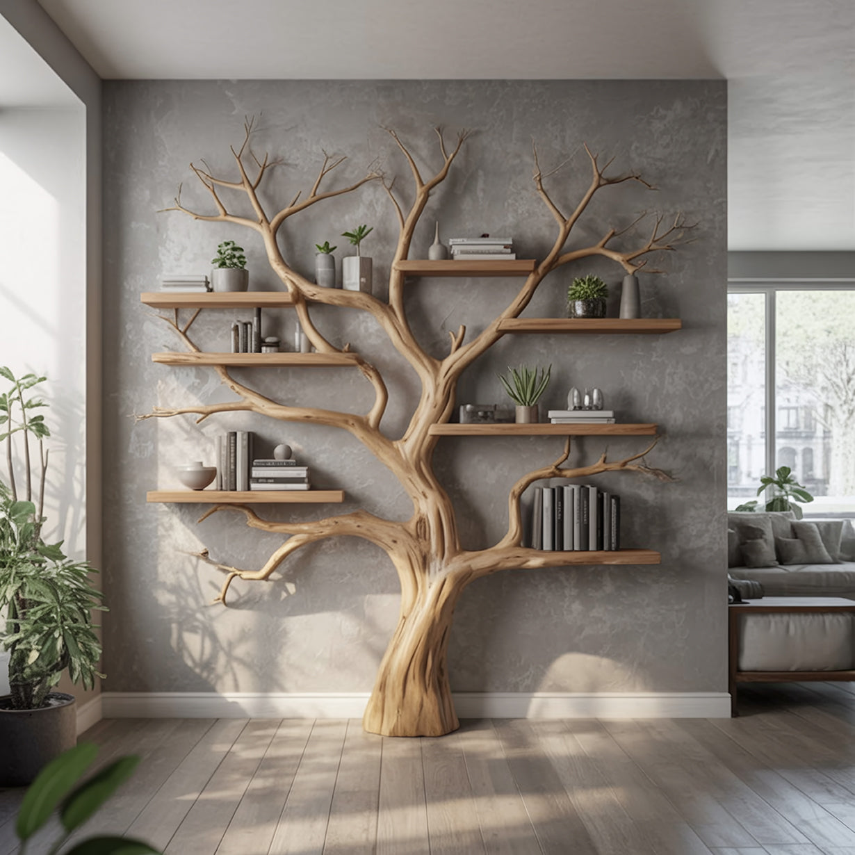 Handcrafted Tree Branch Bookshelf - Natural Wood Floating Shelves - Artistic Wall Decor