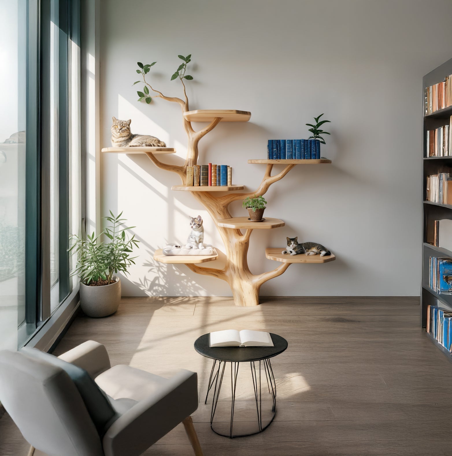 Handmade Wooden Cat Tree Tower – Rustic Cat Furniture for Large Cats