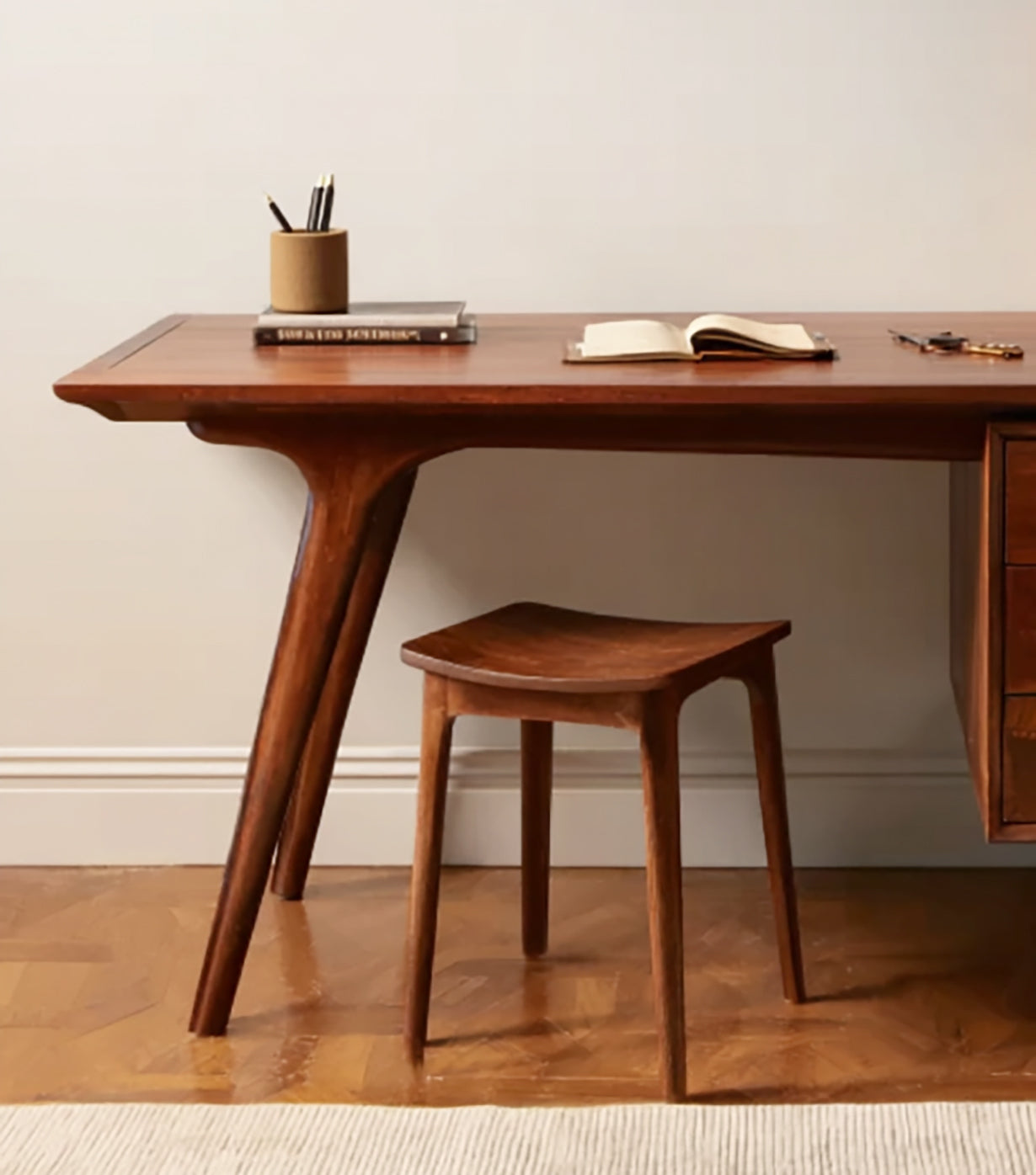 Mid-Century Modern Solid Wood Desk – Elegant Walnut Writing Table with Brass Accents