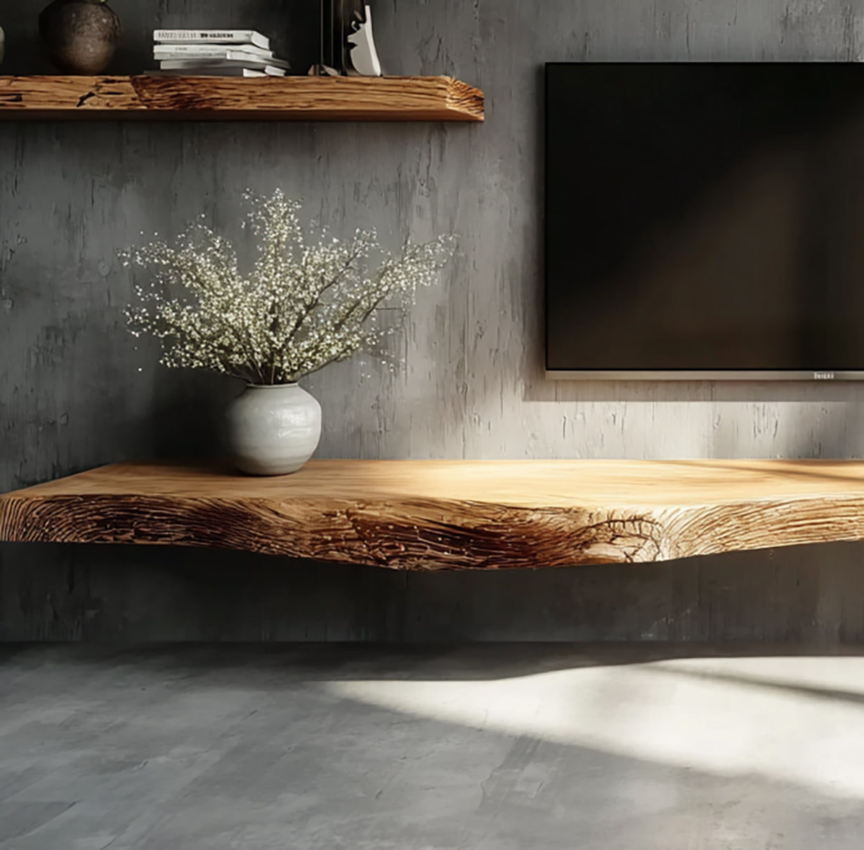 Live Edge Solid Wood Floating TV Stand – Handcrafted Media Console