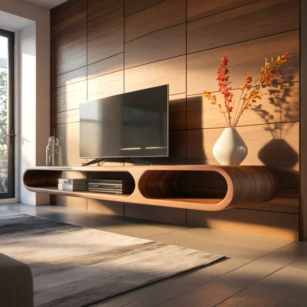 Modern Floating TV Stand – Curved Solid Wood Media Console, Handmade