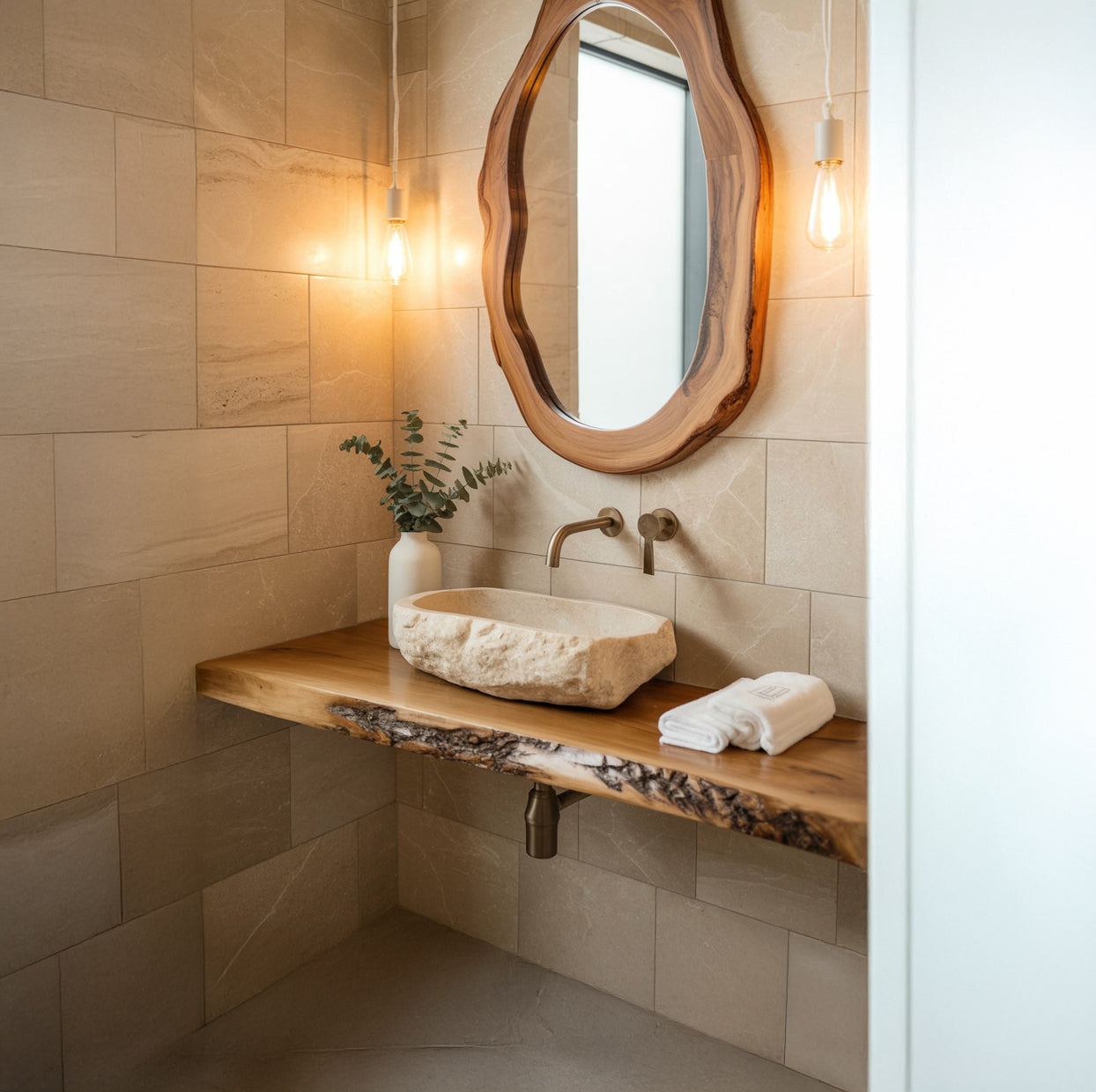 Solid Wood Floating Bathroom Vanity – Rustic Live Edge Handcrafted Sink Shelf