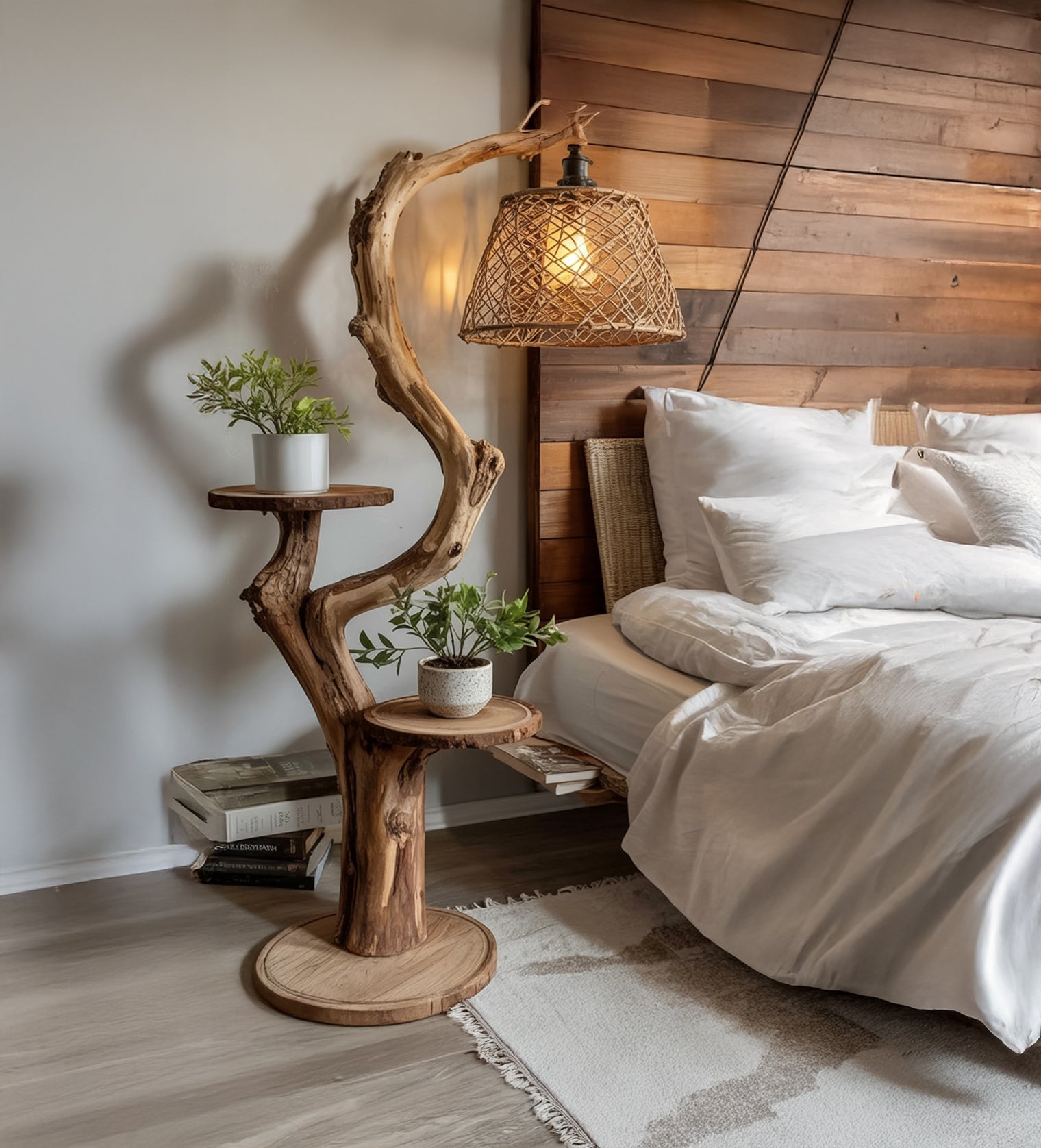 Rustic Driftwood Floor Lamp with Shelves – Handmade Wooden Standing Light