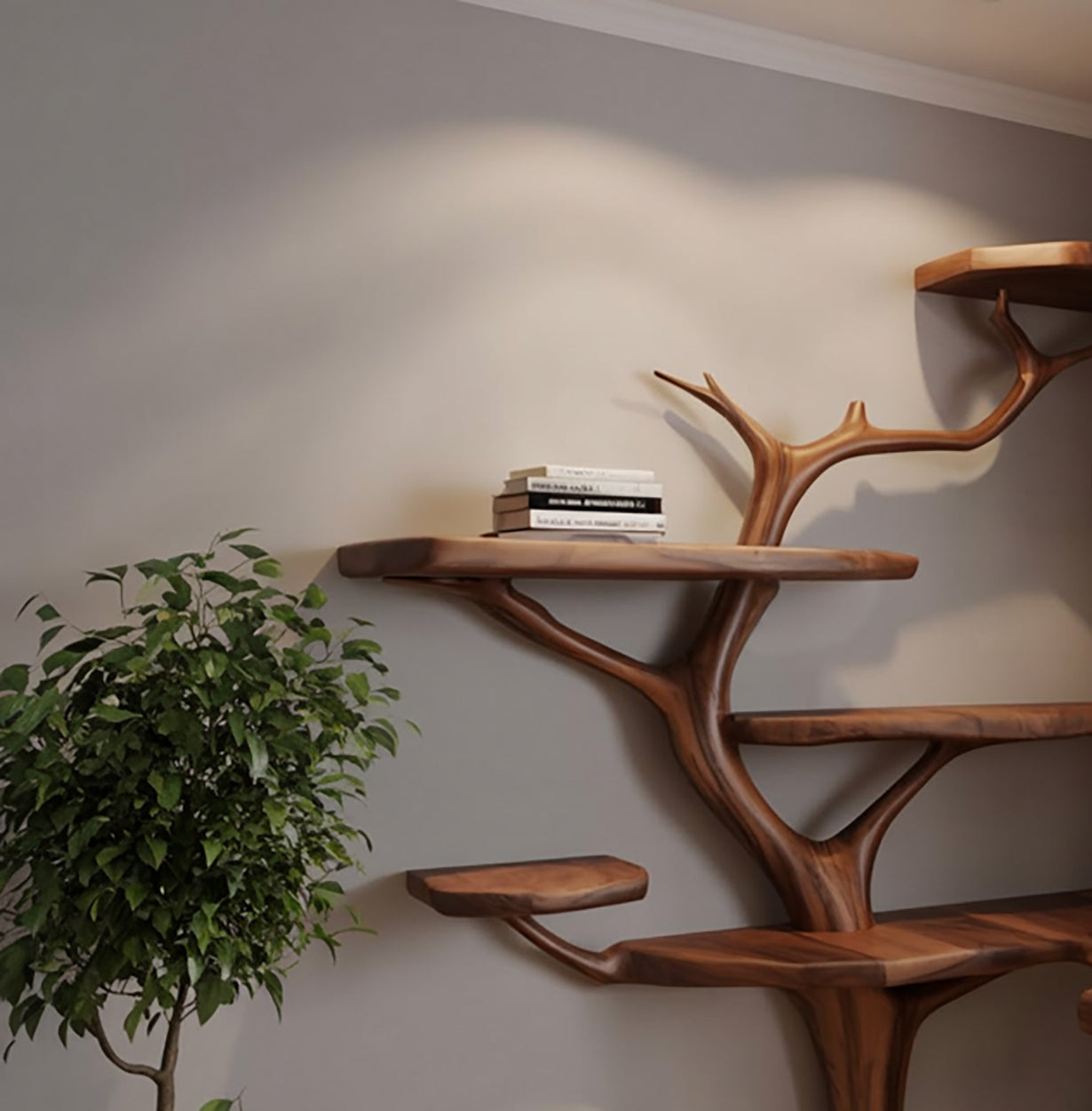 Driftwood Branch Floating Bookshelf Hall Tree With Wood Bench