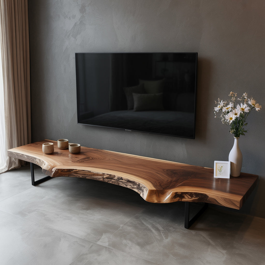 Rustic Live Edge TV Stand – Solid Walnut Floating Console, Handmade Media Cabinet