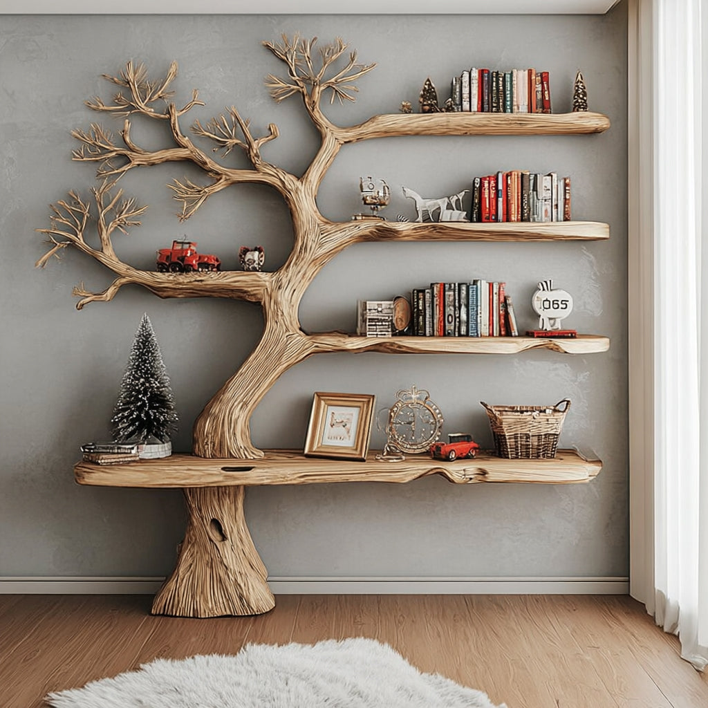 Rustic Tree Shaped Wooden Bookshelf with Branch Design for Living Room or Home Library
