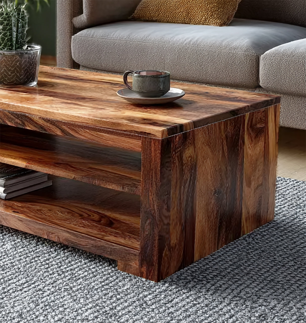 Handcrafted Solid Wood Coffee Table with Open Storage, Modern Rustic Living Room Table