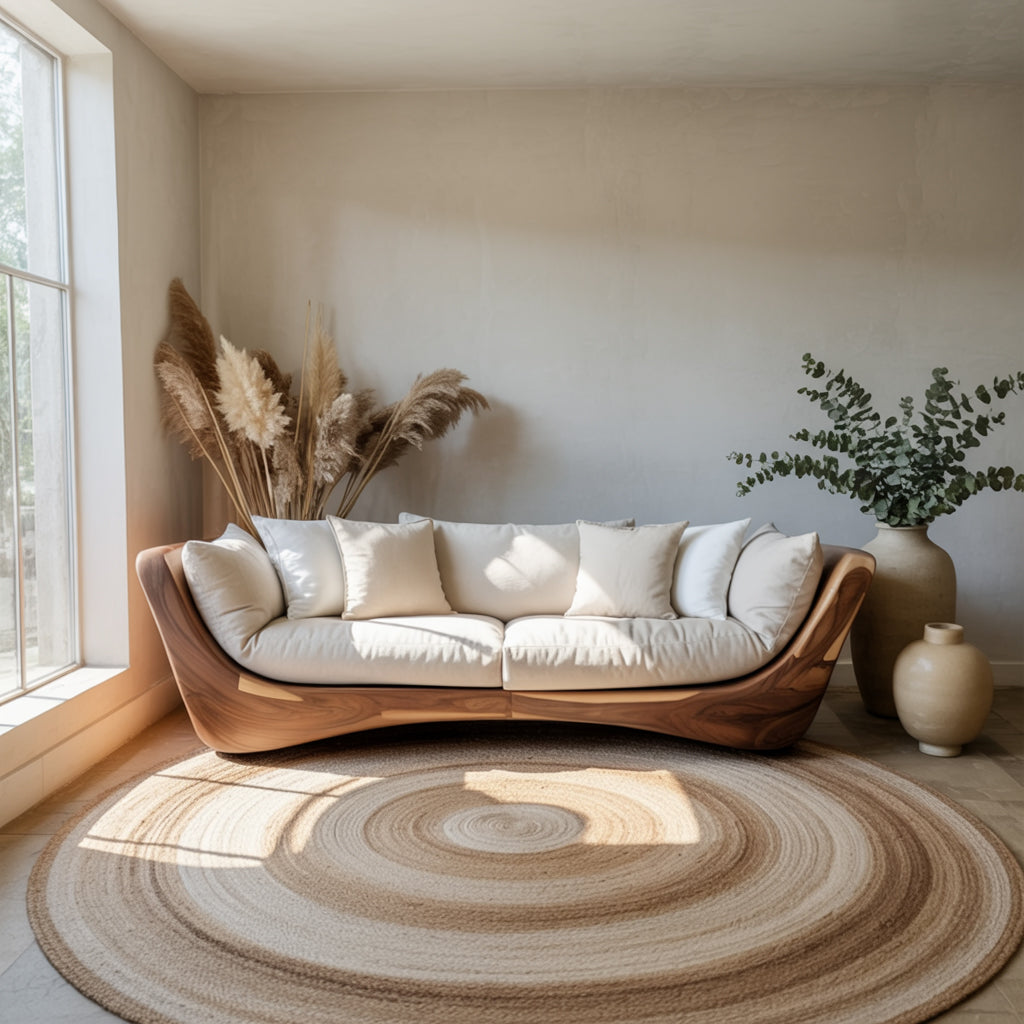 Modern Curved Wood Sofa – Handcrafted Solid Wood Frame for Living Room