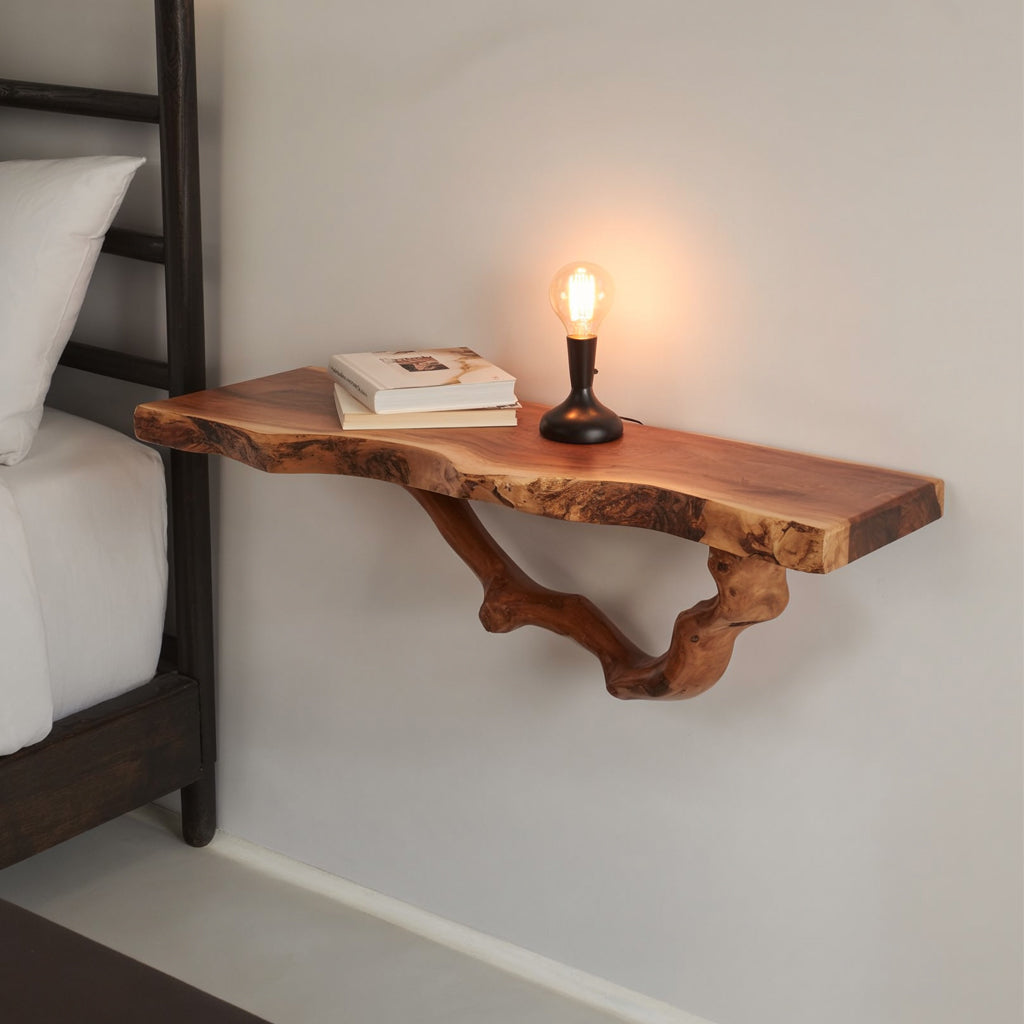 Floating Driftwood Shelf – Natural Solid Wood Bedside Bookshelf
